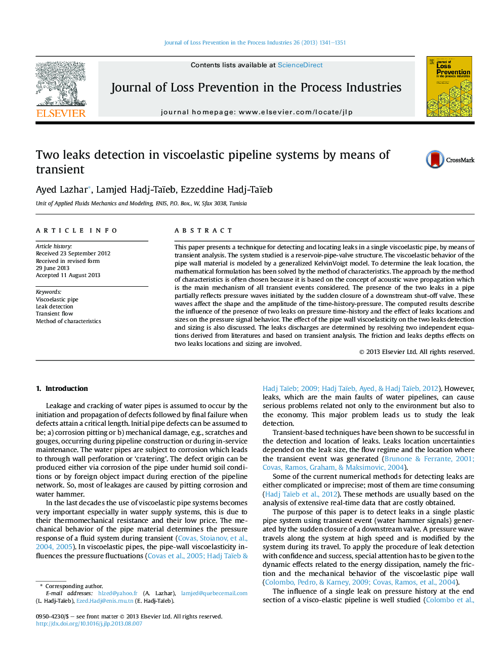 Two leaks detection in viscoelastic pipeline systems by means of transient