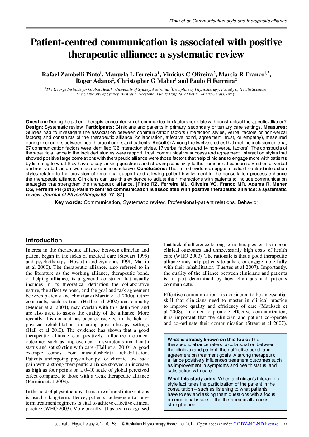 Patient-centred communication is associated with positive therapeutic alliance: a systematic review