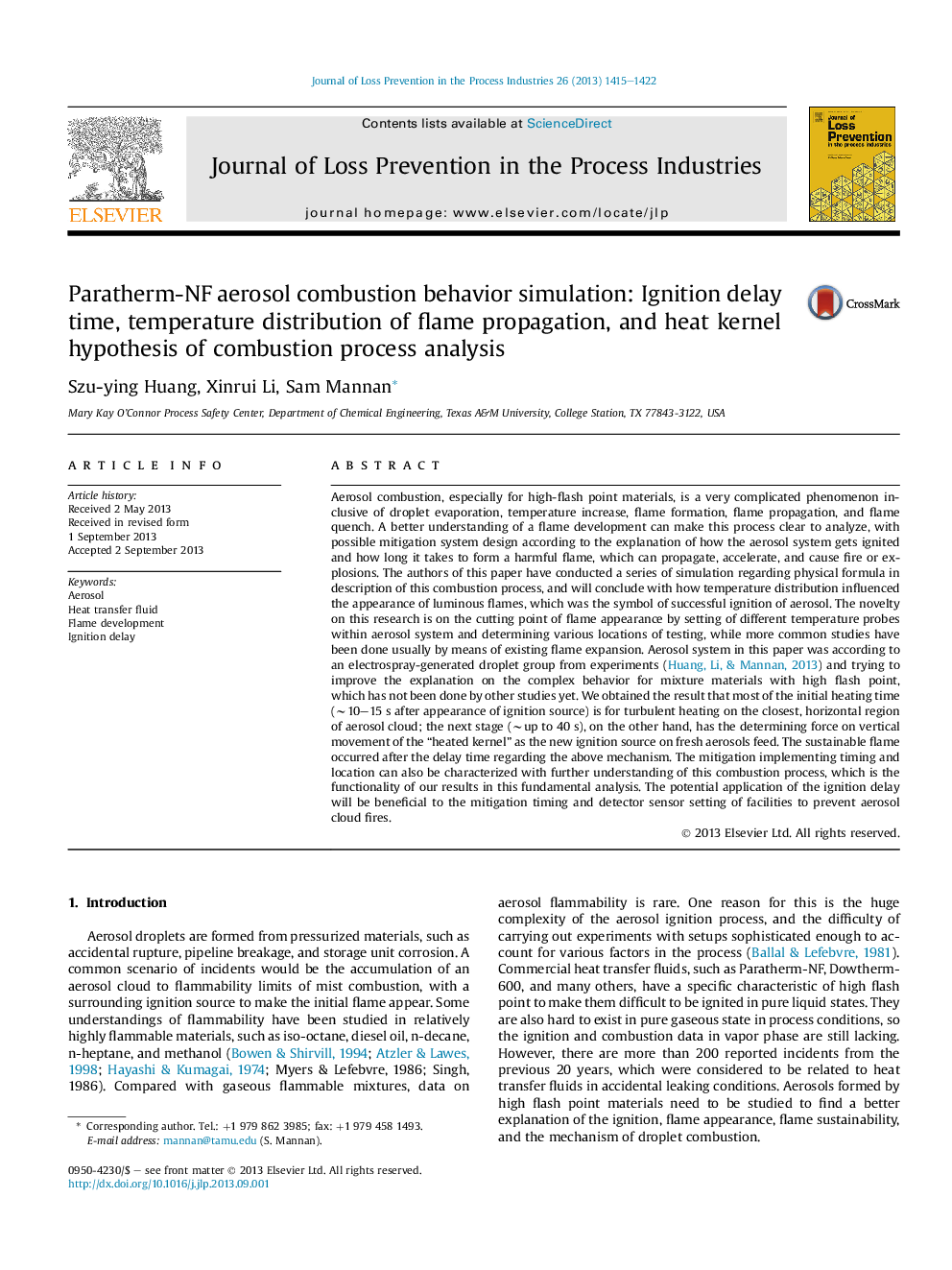 Paratherm-NF aerosol combustion behavior simulation: Ignition delay time, temperature distribution of flame propagation, and heat kernel hypothesis of combustion process analysis