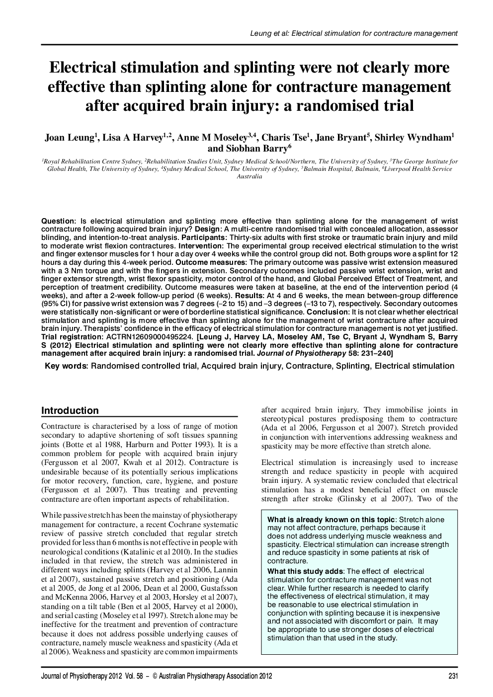 Electrical stimulation and splinting were not clearly more effective than splinting alone for contracture management after acquired brain injury: a randomised trial