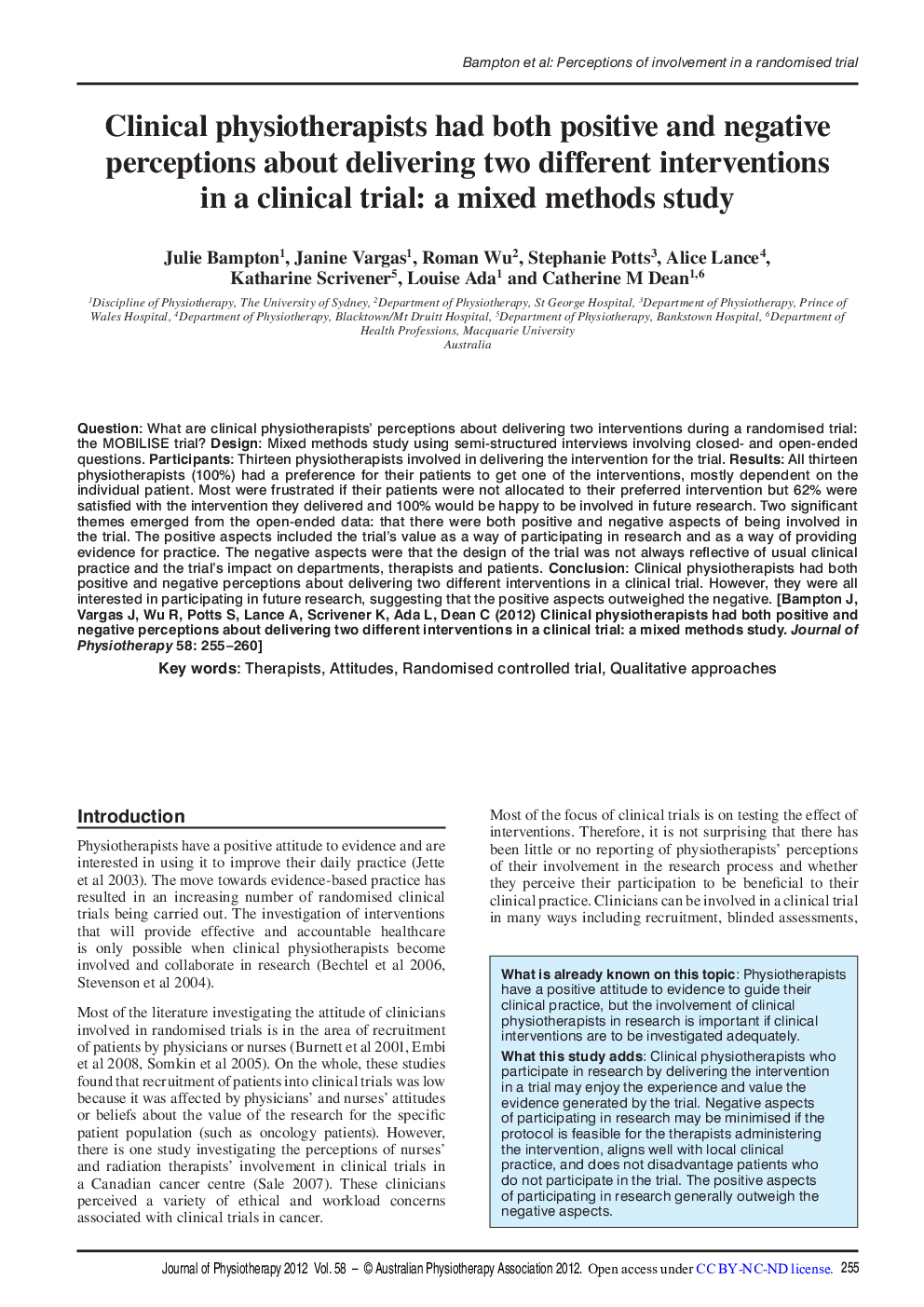 Clinical physiotherapists had both positive and negative perceptions about delivering two different interventions in a clinical trial: a mixed methods study