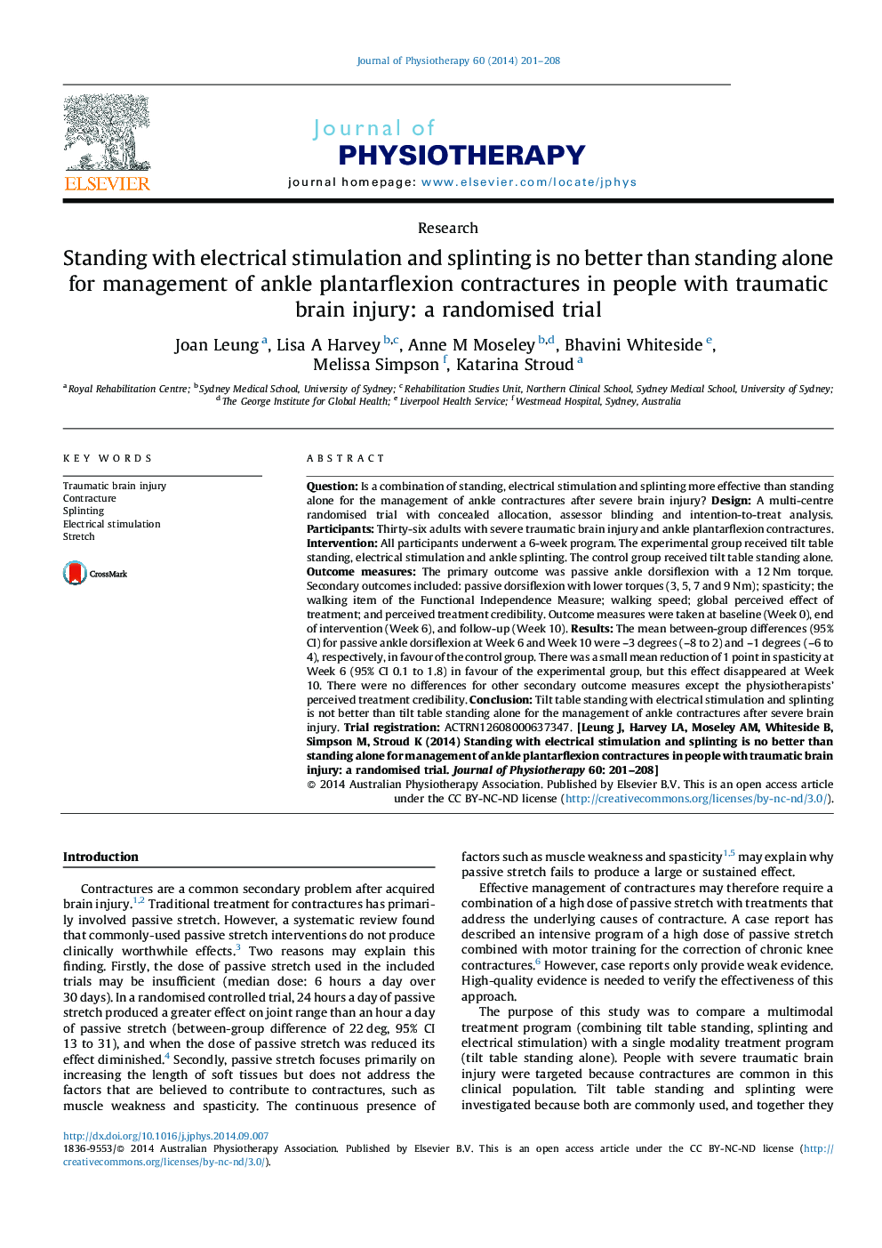 Standing with electrical stimulation and splinting is no better than standing alone for management of ankle plantarflexion contractures in people with traumatic brain injury: a randomised trial