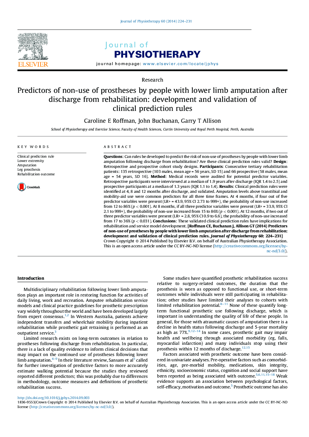 Predictors of non-use of prostheses by people with lower limb amputation after discharge from rehabilitation: development and validation of clinical prediction rules