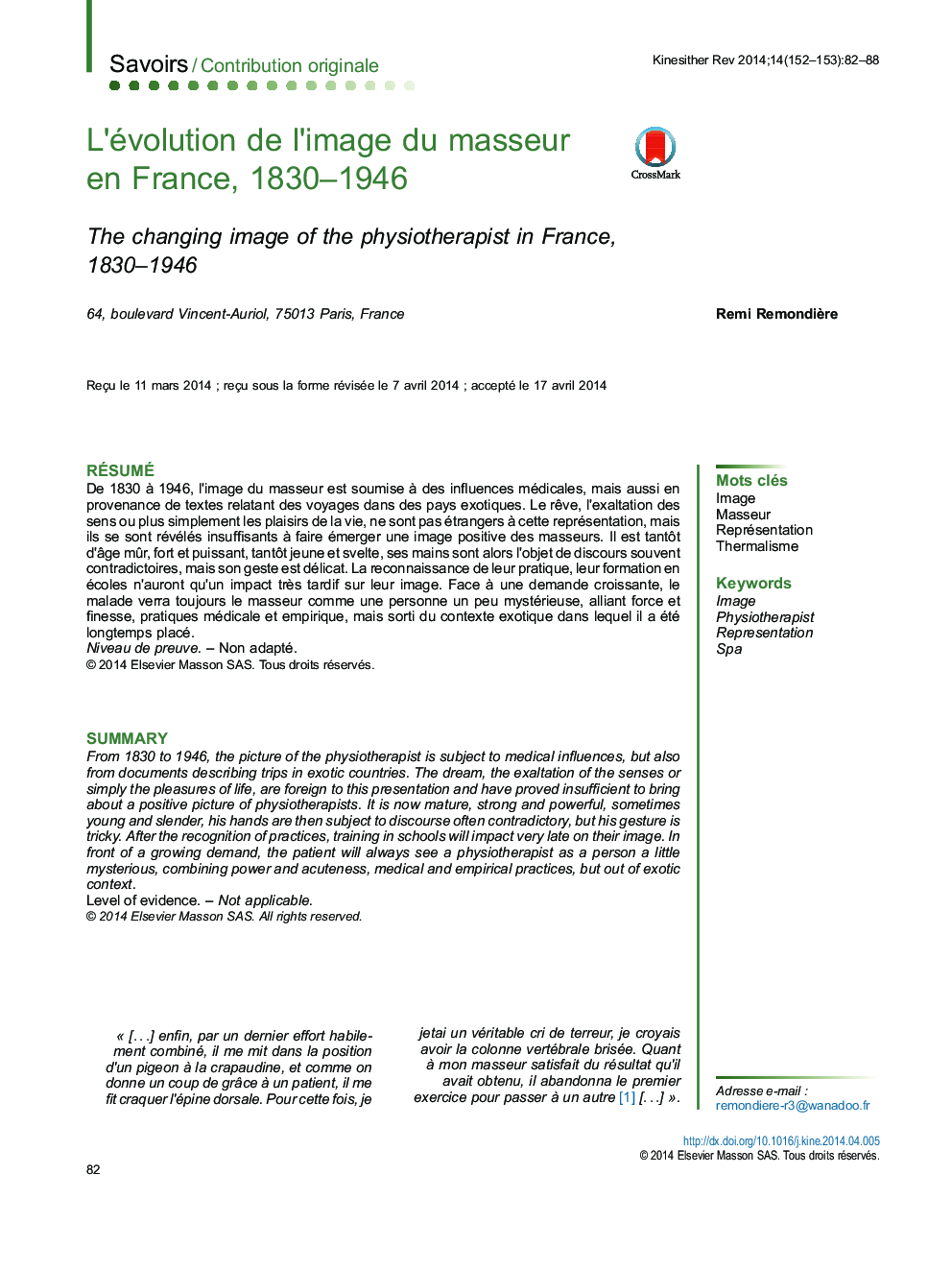 L'évolution de l'image du masseur en France, 1830-1946