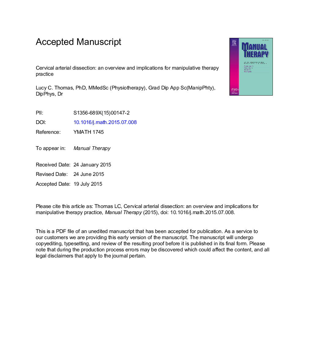 Cervical arterial dissection: An overview and implications for manipulative therapy practice