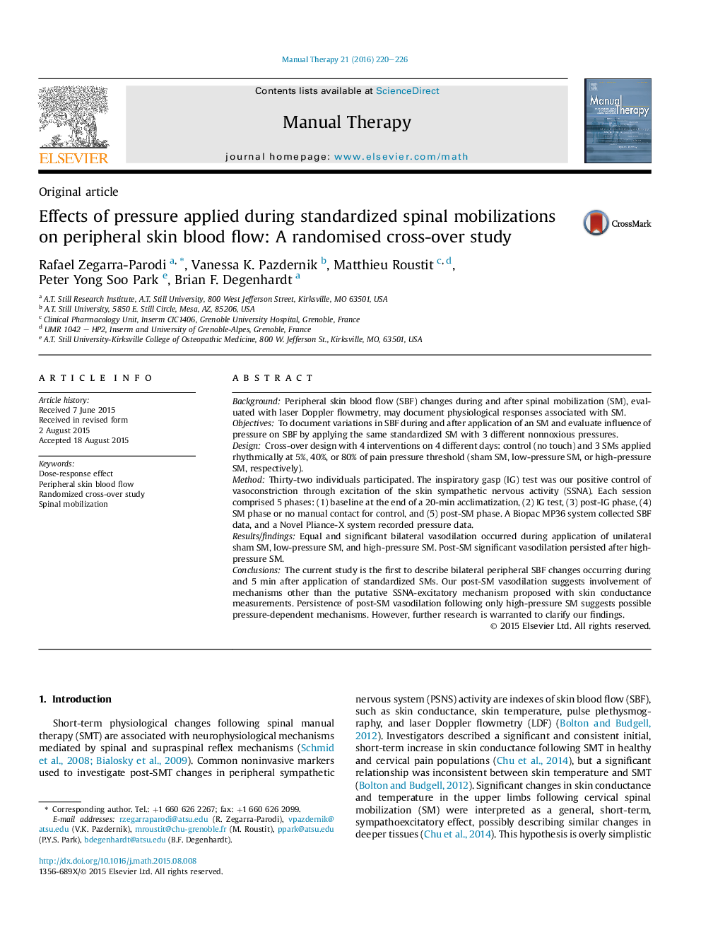 Original articleEffects of pressure applied during standardized spinal mobilizations on peripheral skin blood flow: A randomised cross-over study