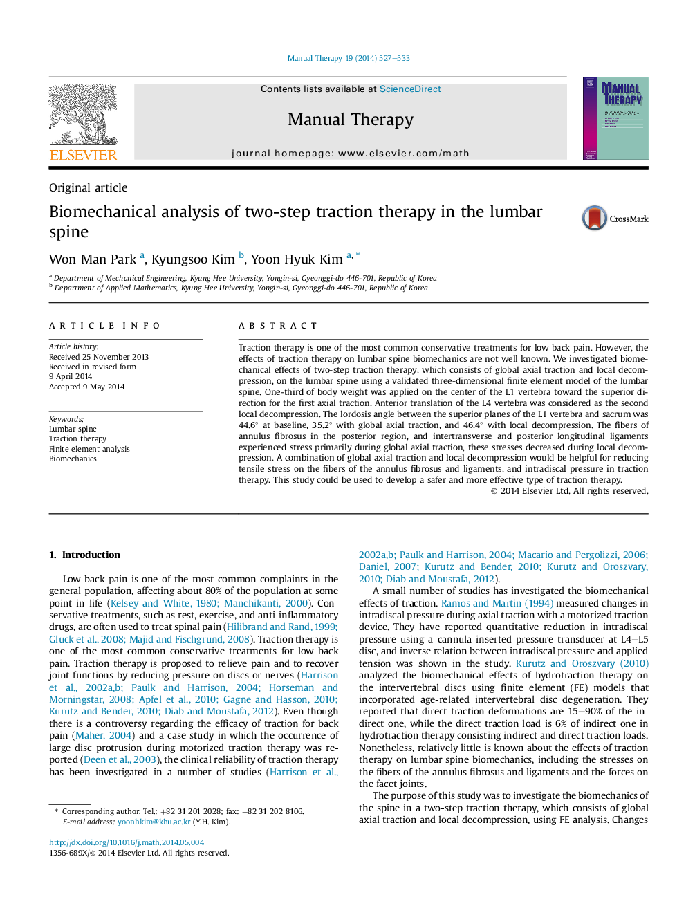 Original articleBiomechanical analysis of two-step traction therapy in the lumbar spine