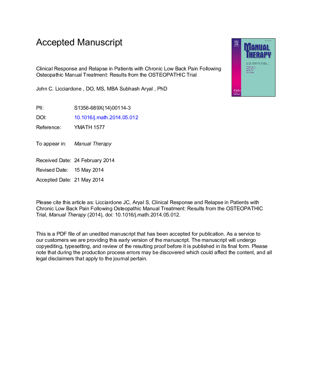 Clinical response and relapse in patients with chronic low back pain following osteopathic manual treatment: Results from the OSTEOPATHIC Trial