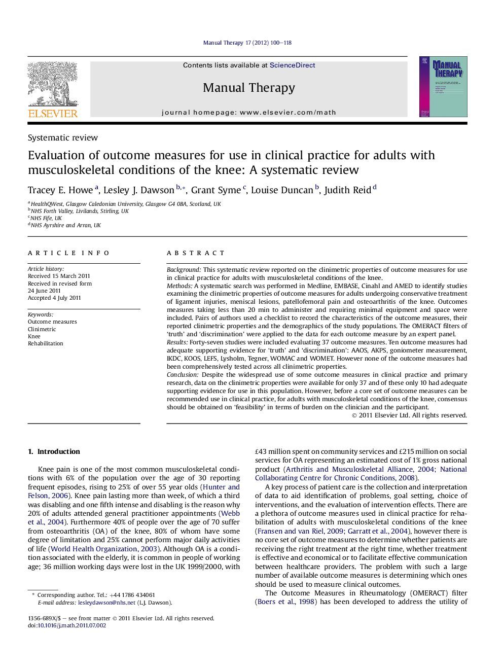 Evaluation of outcome measures for use in clinical practice for adults with musculoskeletal conditions of the knee: A systematic review