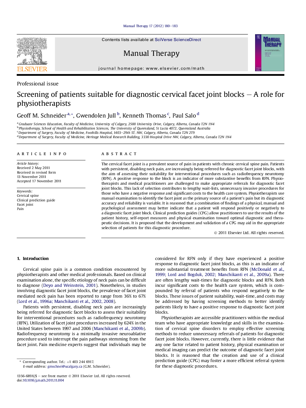 Screening of patients suitable for diagnostic cervical facet joint blocks - A role for physiotherapists