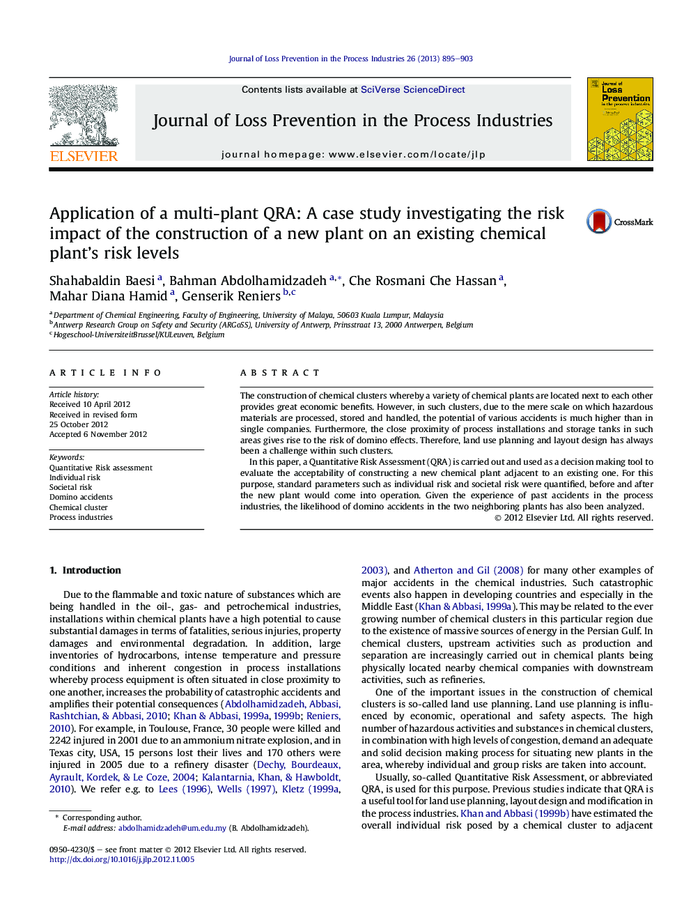 Application of a multi-plant QRA: A case study investigating the risk impact of the construction of a new plant on an existing chemical plant's risk levels