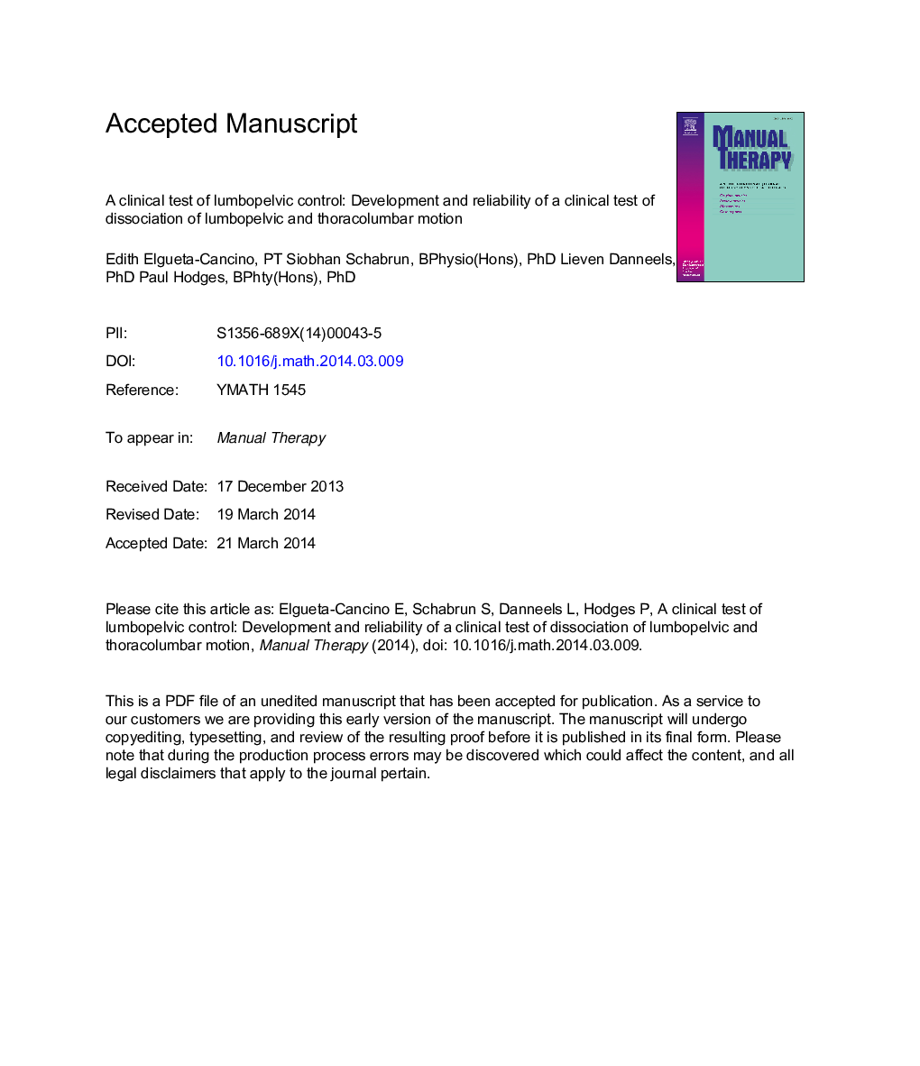 A clinical test of lumbopelvic control: Development and reliability of a clinical test of dissociation of lumbopelvic and thoracolumbar motion