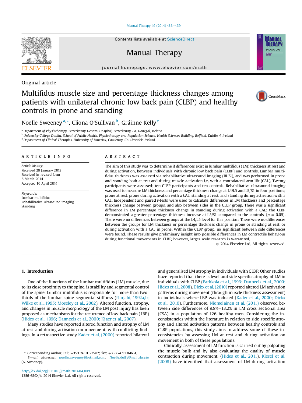 Original articleMultifidus muscle size and percentage thickness changes among patients with unilateral chronic low back pain (CLBP) and healthy controls in prone and standing