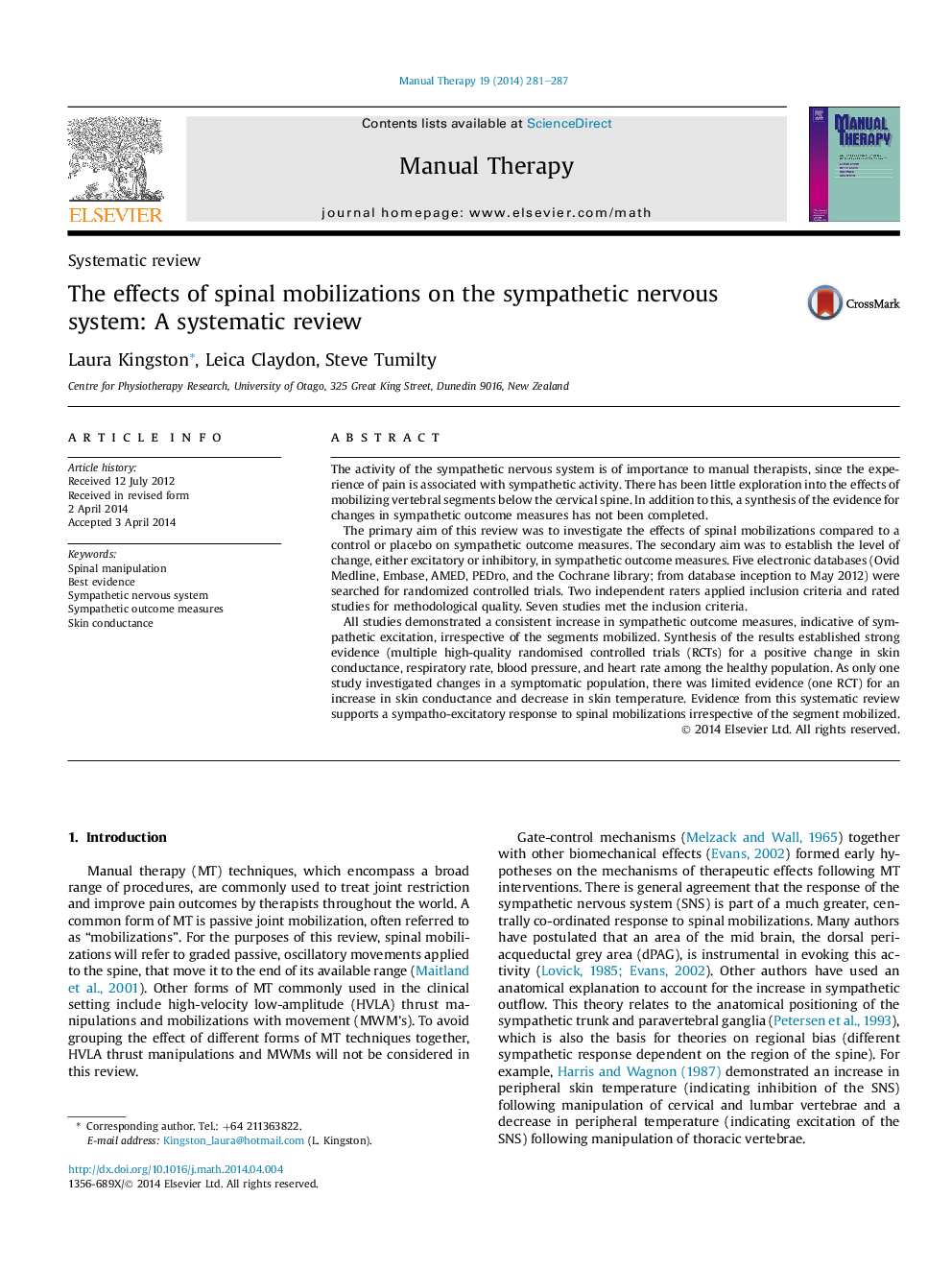 Systematic reviewThe effects of spinal mobilizations on the sympathetic nervous system: A systematic review