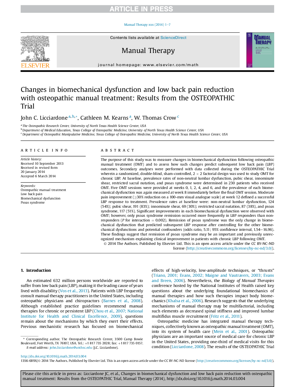 Changes in biomechanical dysfunction and low back pain reduction with osteopathic manual treatment: Results from the OSTEOPATHIC Trial