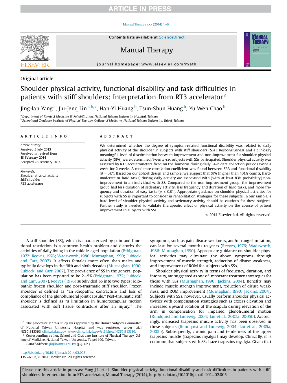 Shoulder physical activity, functional disability and task difficulties in patients with stiff shoulders: Interpretation from RT3 accelerator