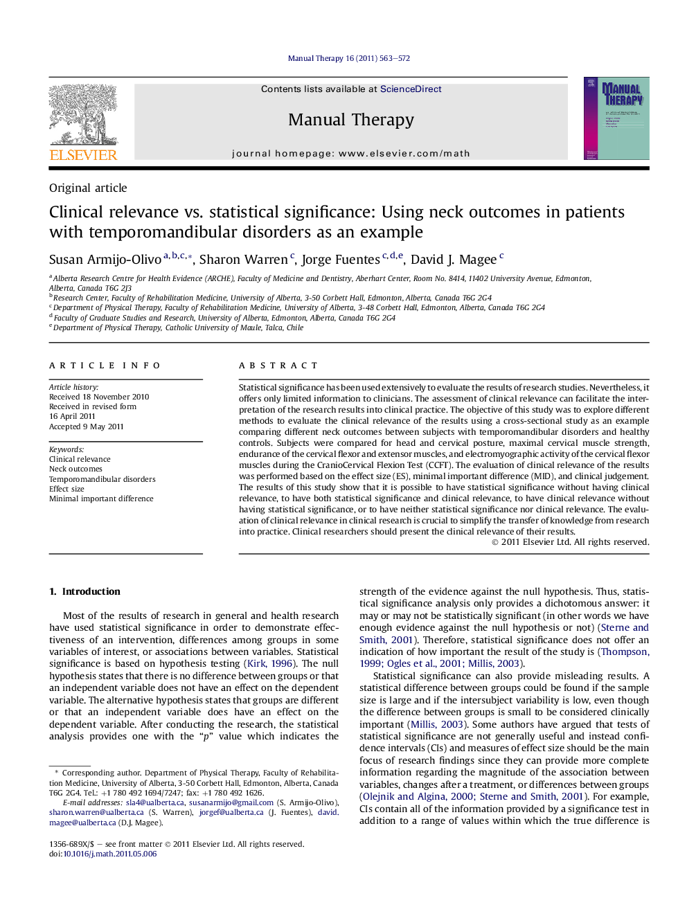 Clinical relevance vs. statistical significance: Using neck outcomes in patients with temporomandibular disorders as an example