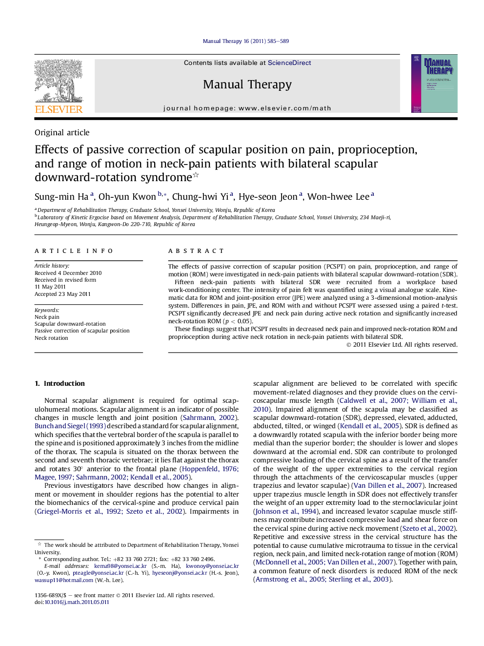 Effects of passive correction of scapular position on pain, proprioception, and range of motion in neck-pain patients with bilateral scapular downward-rotation syndrome