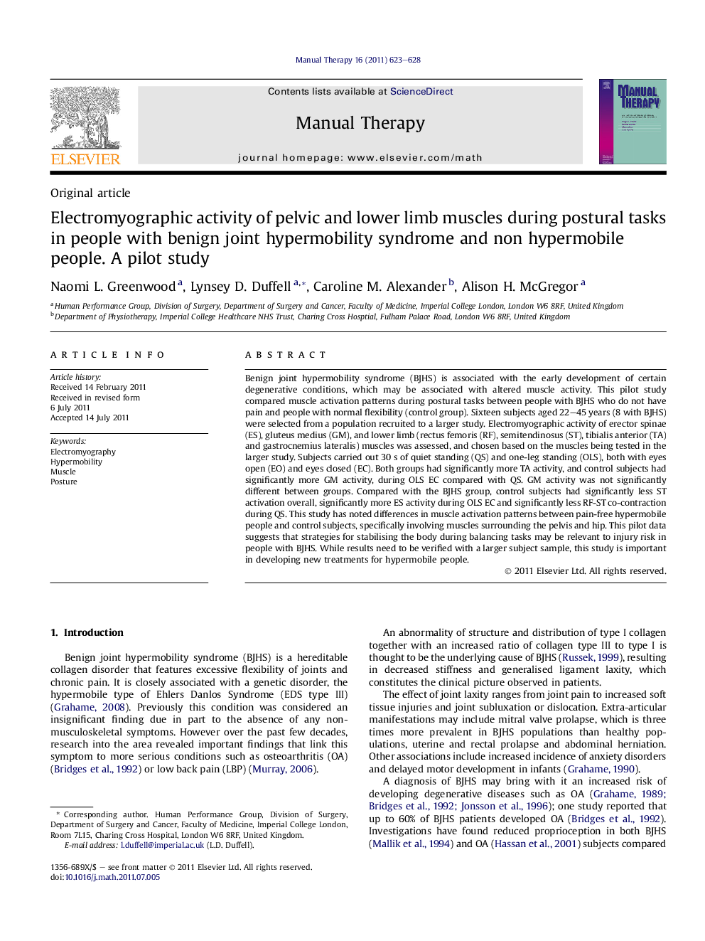 Electromyographic activity of pelvic and lower limb muscles during postural tasks in people with benign joint hypermobility syndrome and non hypermobile people. A pilot study