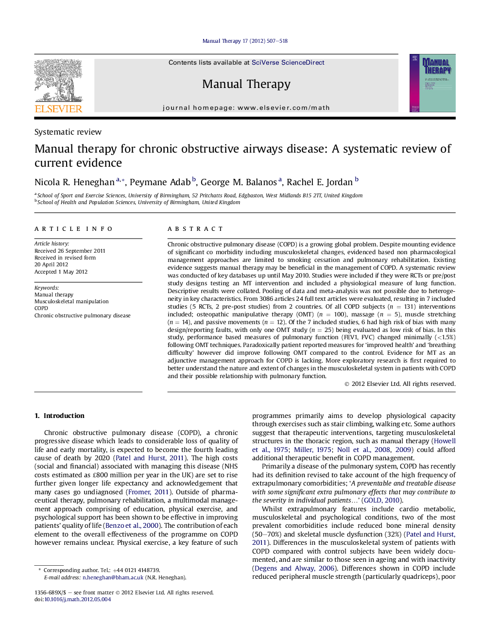 Systematic reviewManual therapy for chronic obstructive airways disease: A systematic review of current evidence