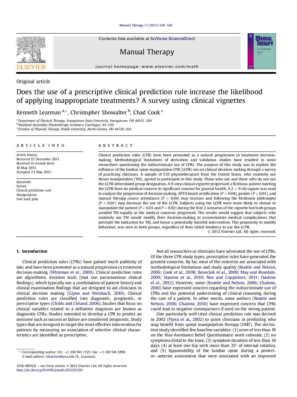 عکس صفحه اول مقاله: Original articleDoes the use of a prescriptive clinical prediction rule increase the likelihood of applying inappropriate treatments? A survey using clinical vignettes Original articleDoes the use of a prescriptive clinical prediction rule increase the likelihood of applying inappropriate treatments? A survey using clinical vignettes