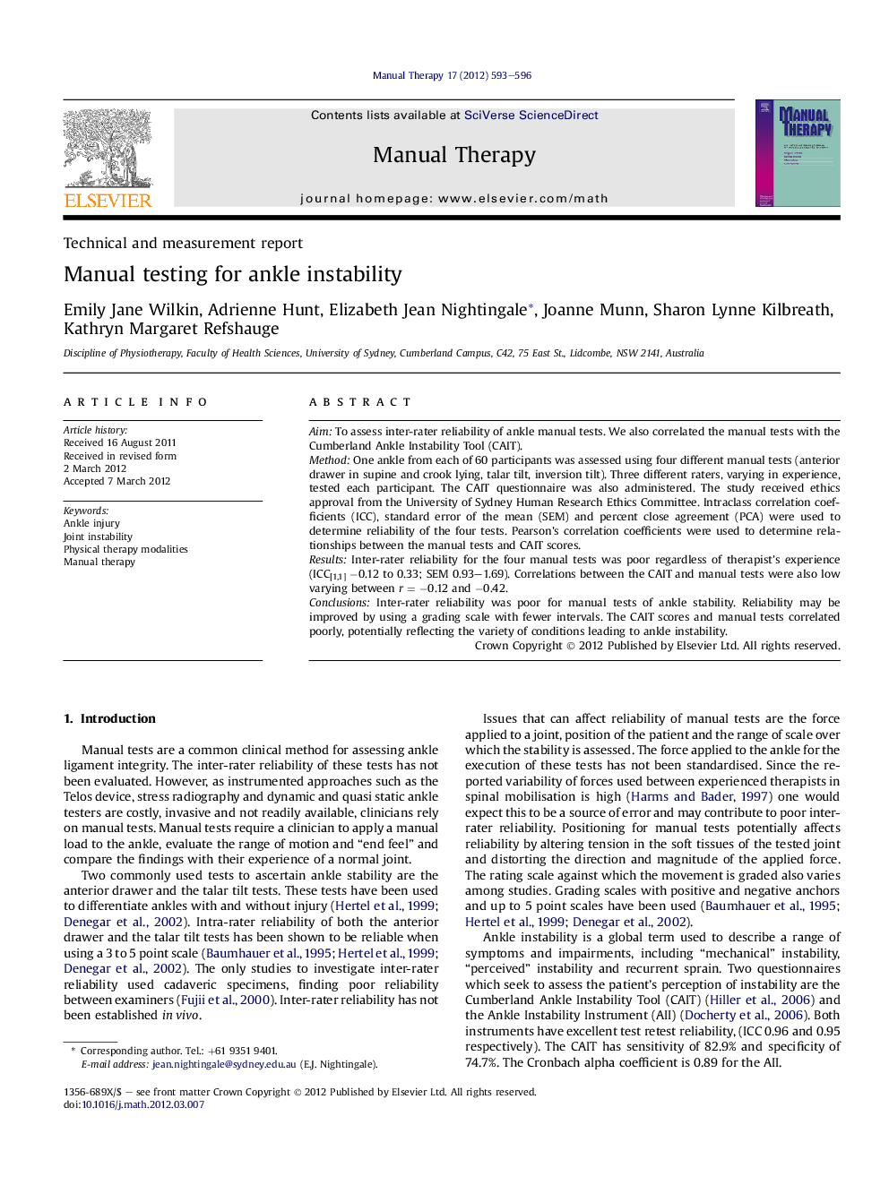 Manual testing for ankle instability