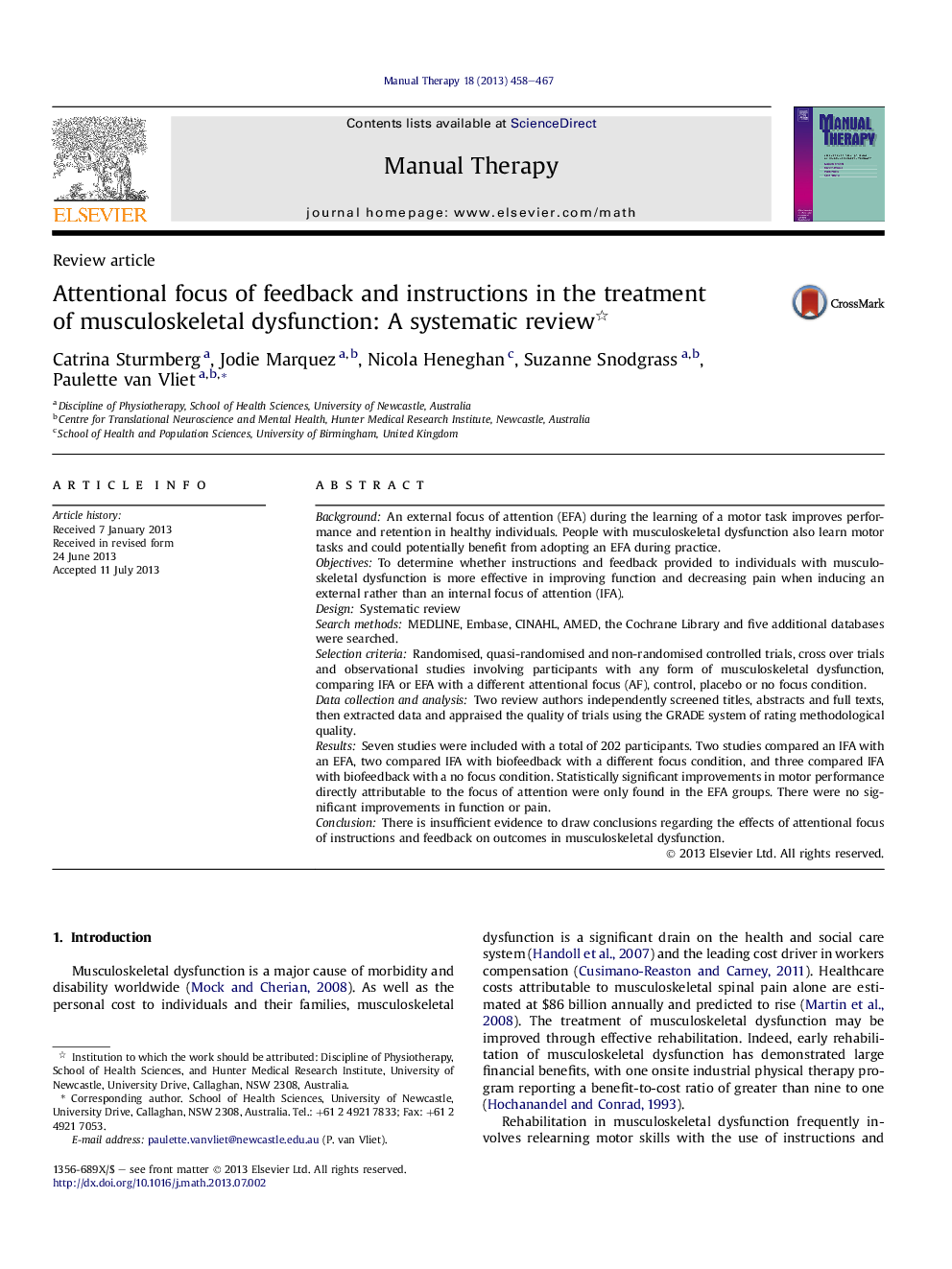 Attentional focus of feedback and instructions in the treatment ofÂ musculoskeletal dysfunction: A systematic review