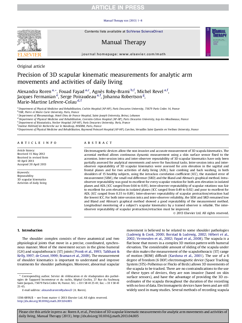 Precision of 3D scapular kinematic measurements for analytic arm movements and activities of daily living