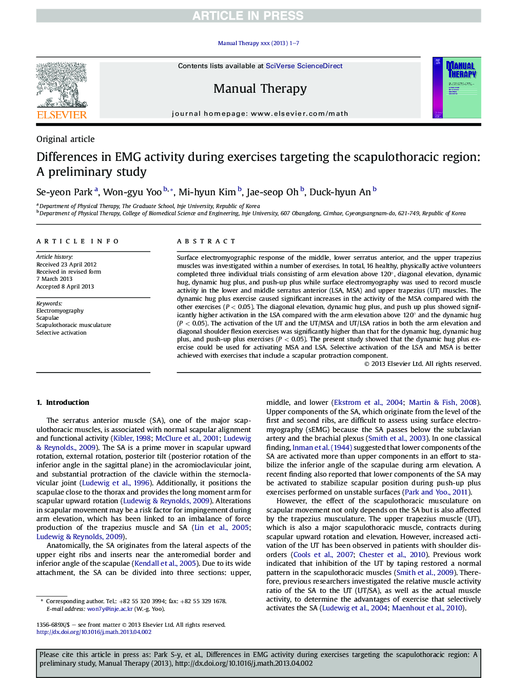 Differences in EMG activity during exercises targeting the scapulothoracic region: A preliminary study