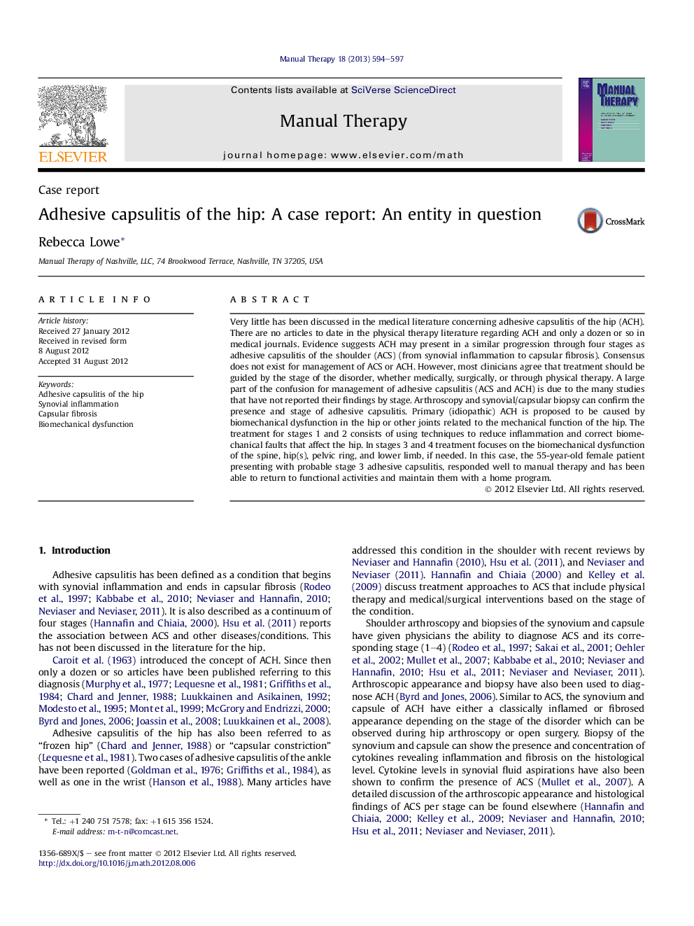 Adhesive capsulitis of the hip: A case report: An entity in question