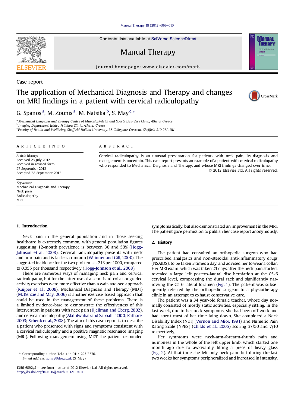 Case reportThe application of Mechanical Diagnosis and Therapy and changes on MRI findings in a patient with cervical radiculopathy