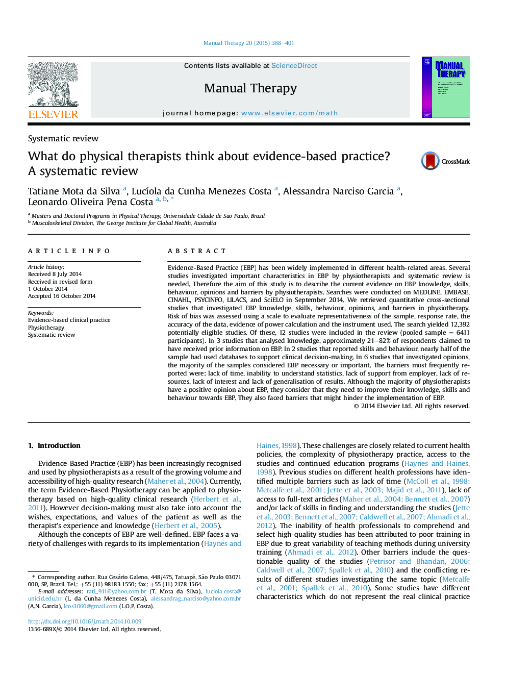 What do physical therapists think about evidence-based practice? A systematic review