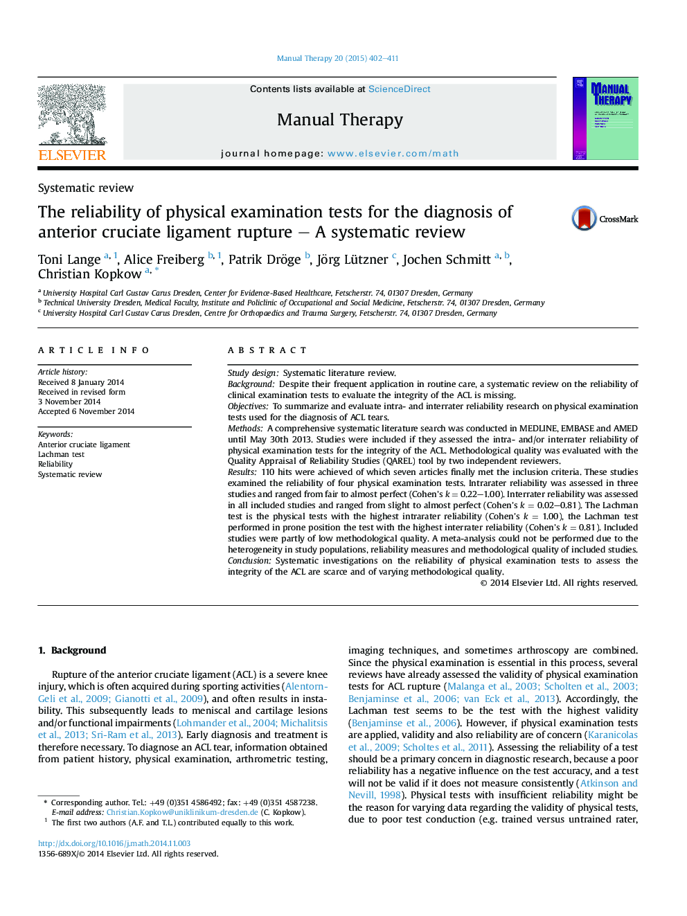 Systematic reviewThe reliability of physical examination tests for the diagnosis of anterior cruciate ligament rupture - A systematic review