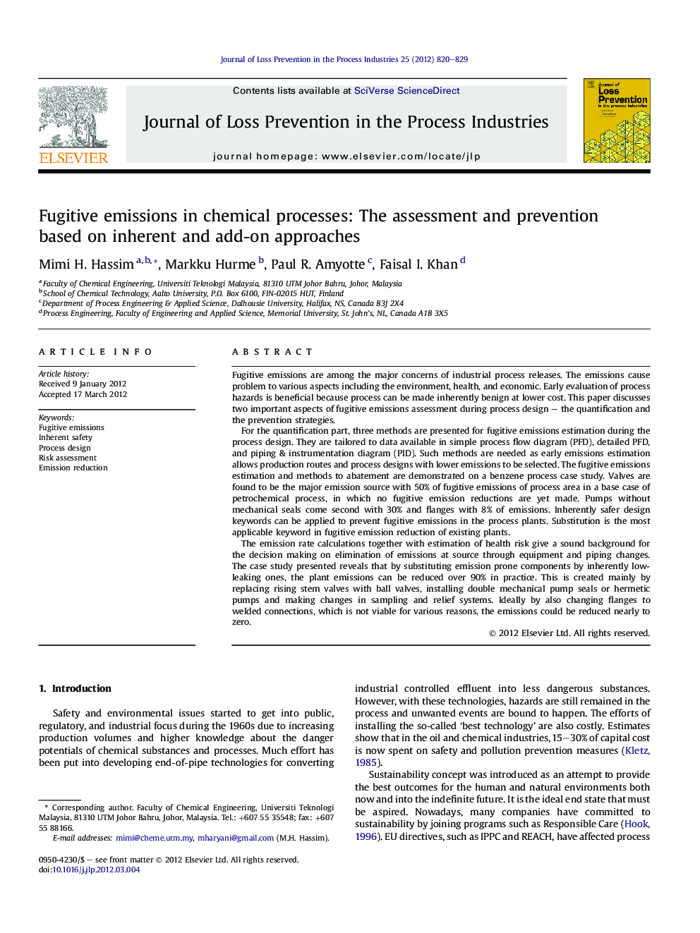 Fugitive emissions in chemical processes: The assessment and prevention based on inherent and add-on approaches