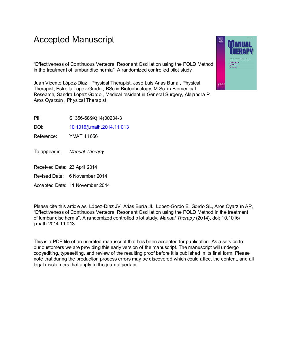 “Effectiveness of continuous vertebral resonant oscillation using the POLD method in the treatment of lumbar disc hernia”. A randomized controlled pilot study