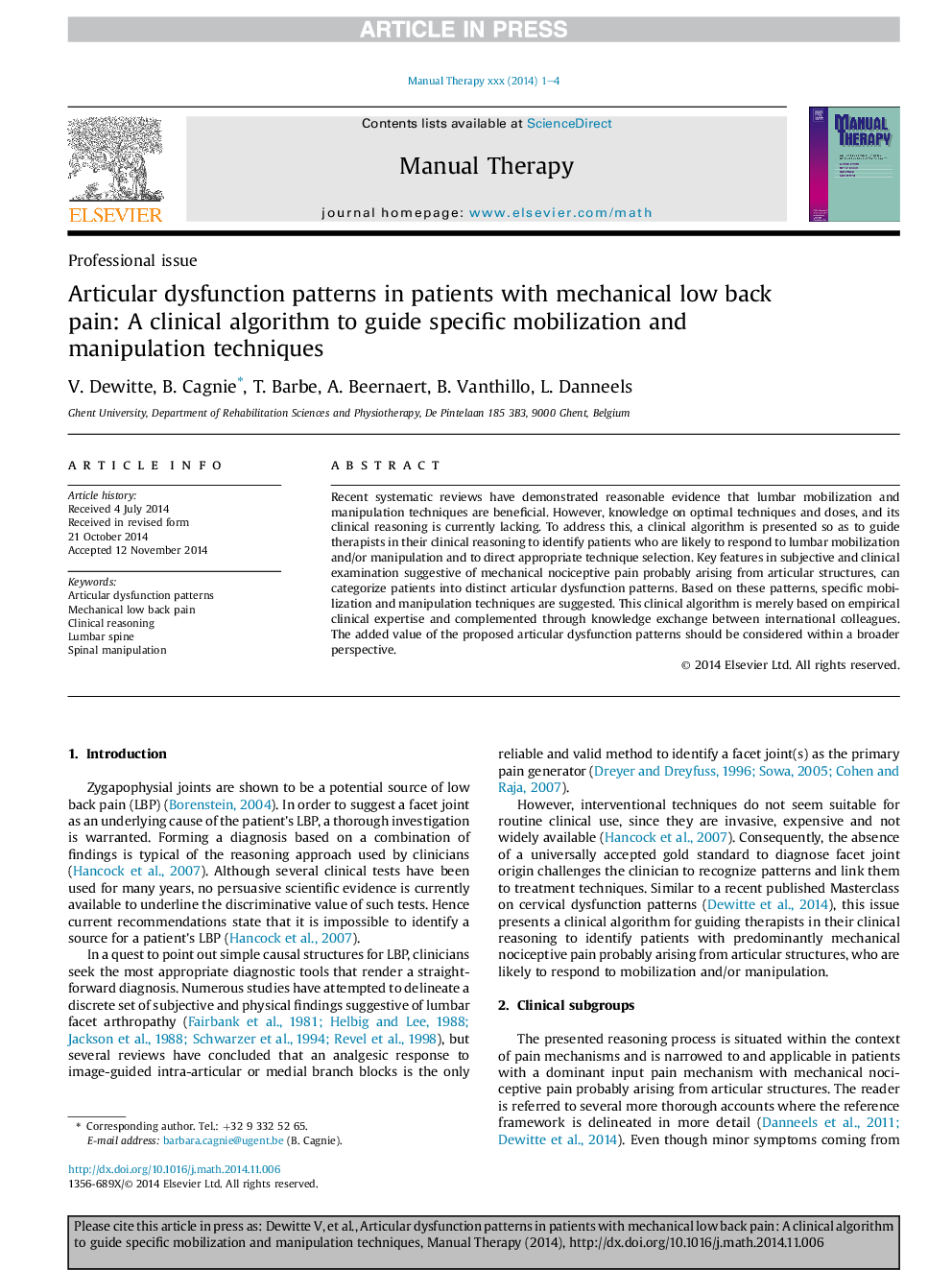 Articular dysfunction patterns in patients with mechanical low back pain: A clinical algorithm to guide specific mobilization and manipulation techniques