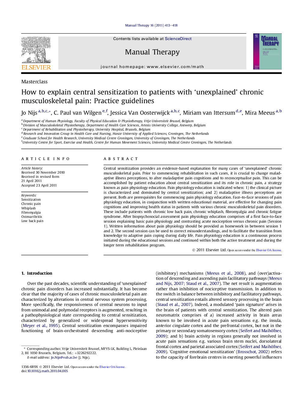 MasterclassHow to explain central sensitization to patients with 'unexplained' chronic musculoskeletal pain: Practice guidelines