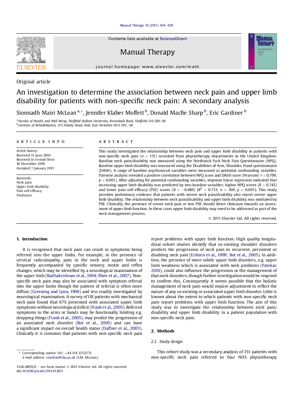 An investigation to determine the association between neck pain and upper limb disability for patients with non-specific neck pain: A secondary analysis