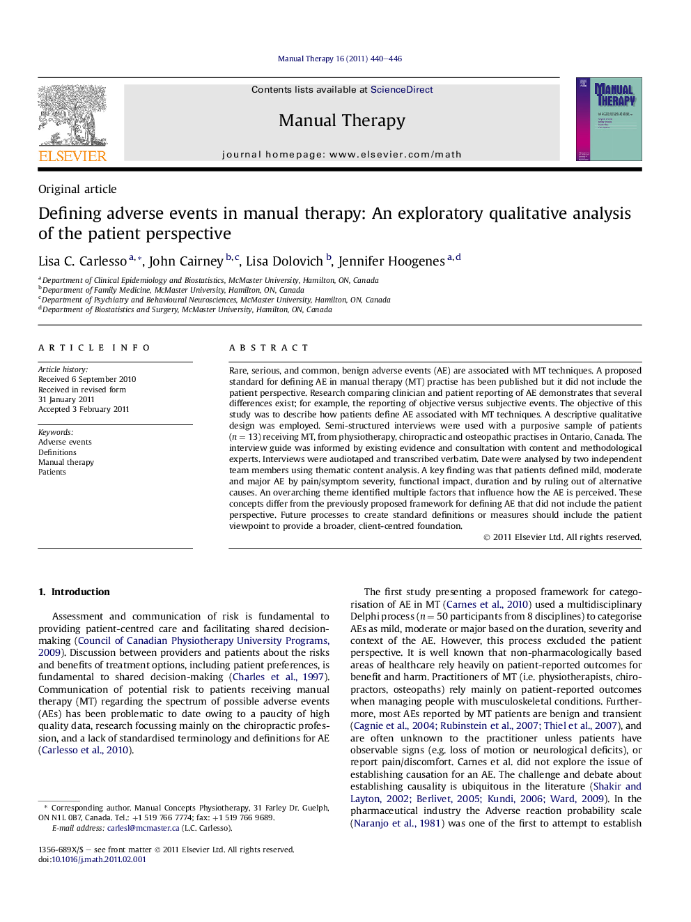 Defining adverse events in manual therapy: An exploratory qualitative analysis of the patient perspective