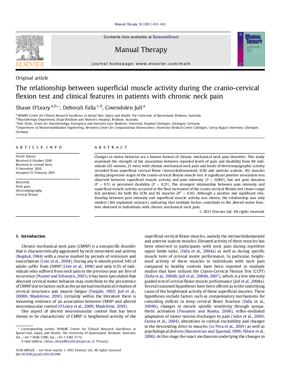 Original articleThe relationship between superficial muscle activity during the cranio-cervical flexion test and clinical features in patients with chronic neck pain