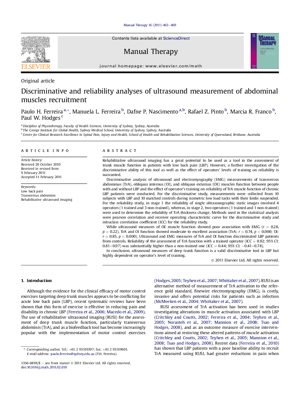 Original articleDiscriminative and reliability analyses of ultrasound measurement of abdominal muscles recruitment