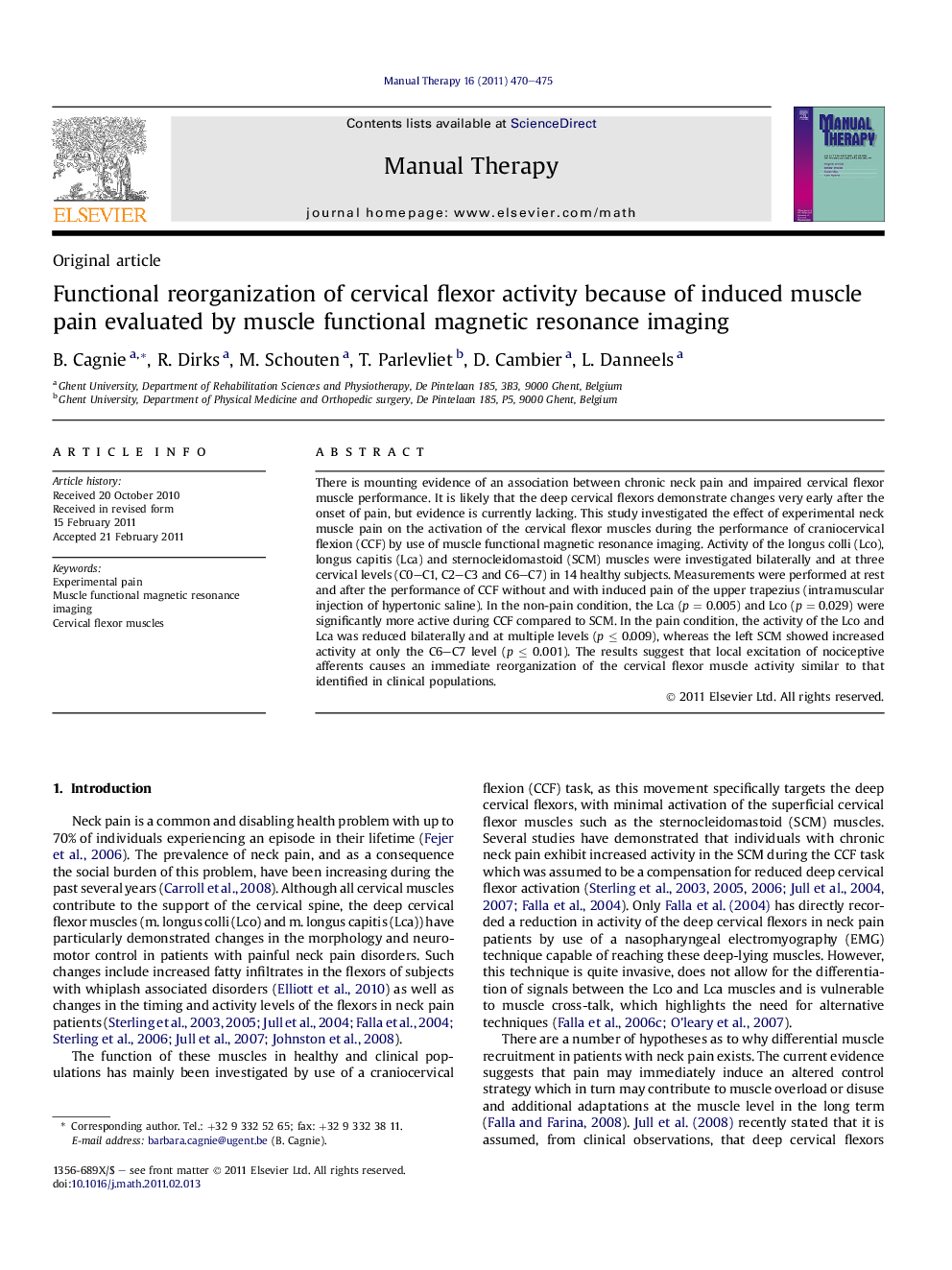 Functional reorganization of cervical flexor activity because of induced muscle pain evaluated by muscle functional magnetic resonance imaging