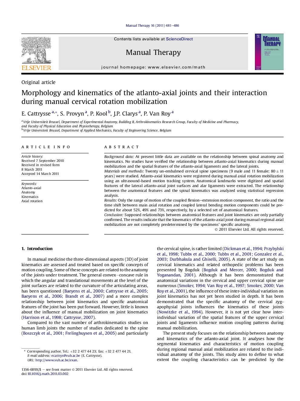 Morphology and kinematics of the atlanto-axial joints and their interaction during manual cervical rotation mobilization