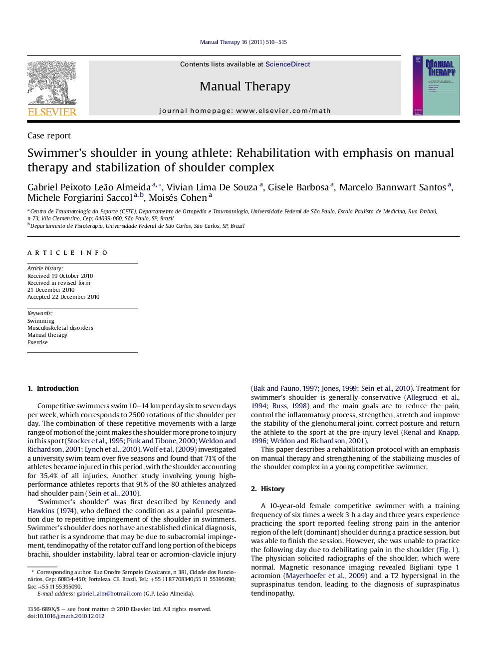 Swimmer's shoulder in young athlete: Rehabilitation with emphasis on manual therapy and stabilization of shoulder complex