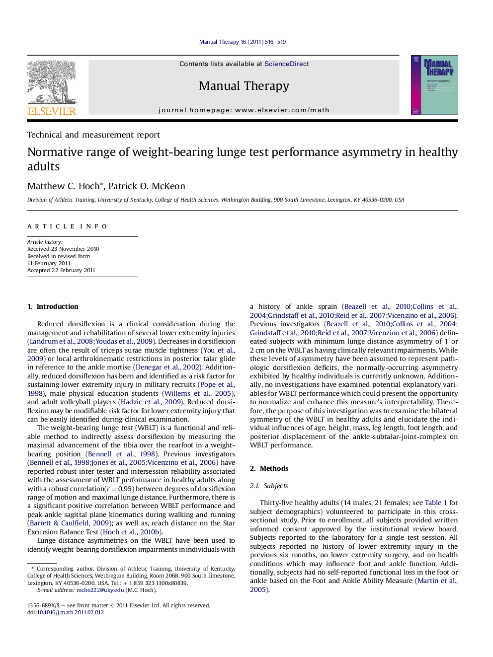 عکس صفحه اول مقاله: Normative range of weight-bearing lunge test performance asymmetry in healthy adults Normative range of weight-bearing lunge test performance asymmetry in healthy adults