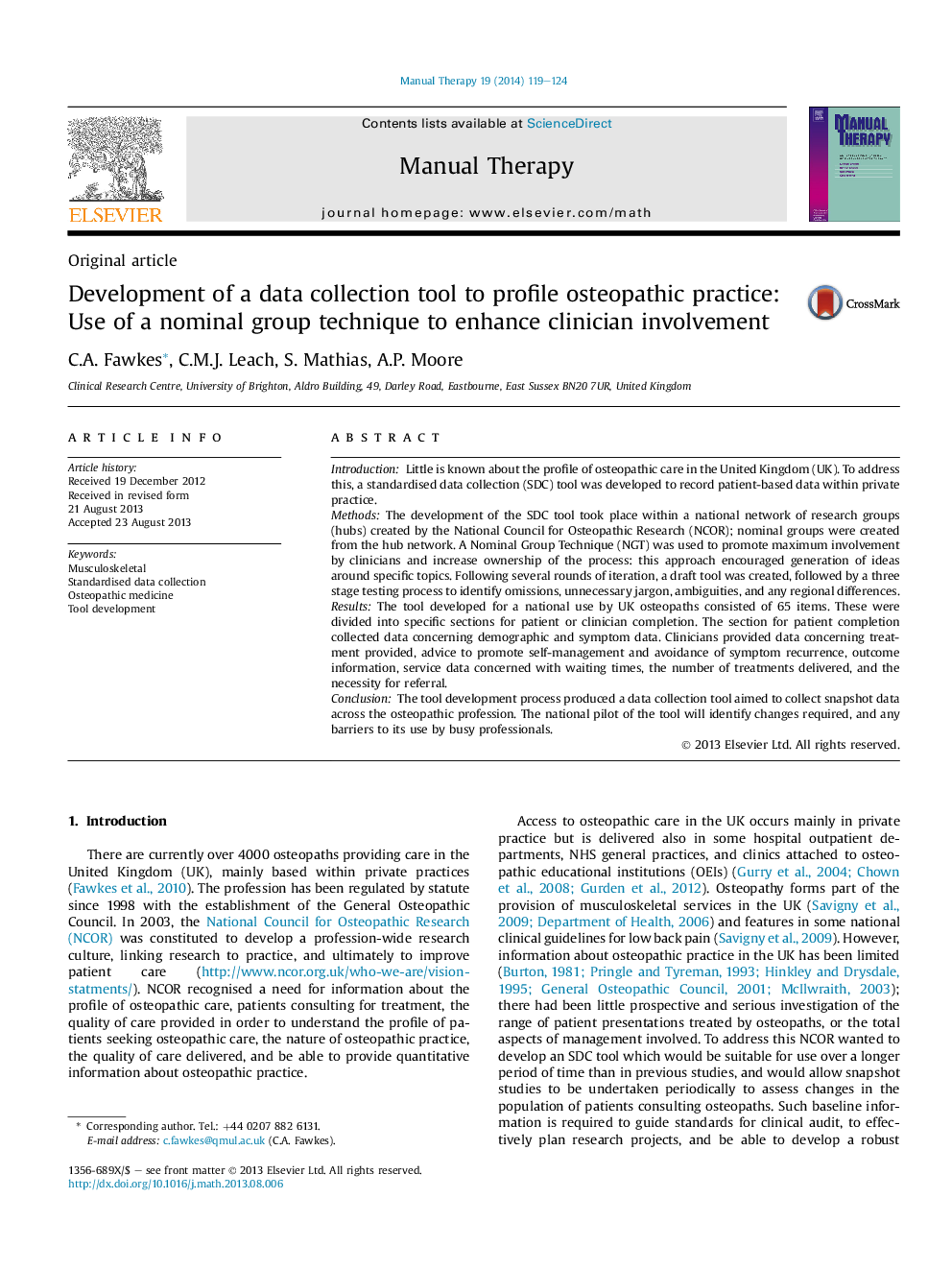 Original articleDevelopment of a data collection tool to profile osteopathic practice: Use of a nominal group technique to enhance clinician involvement