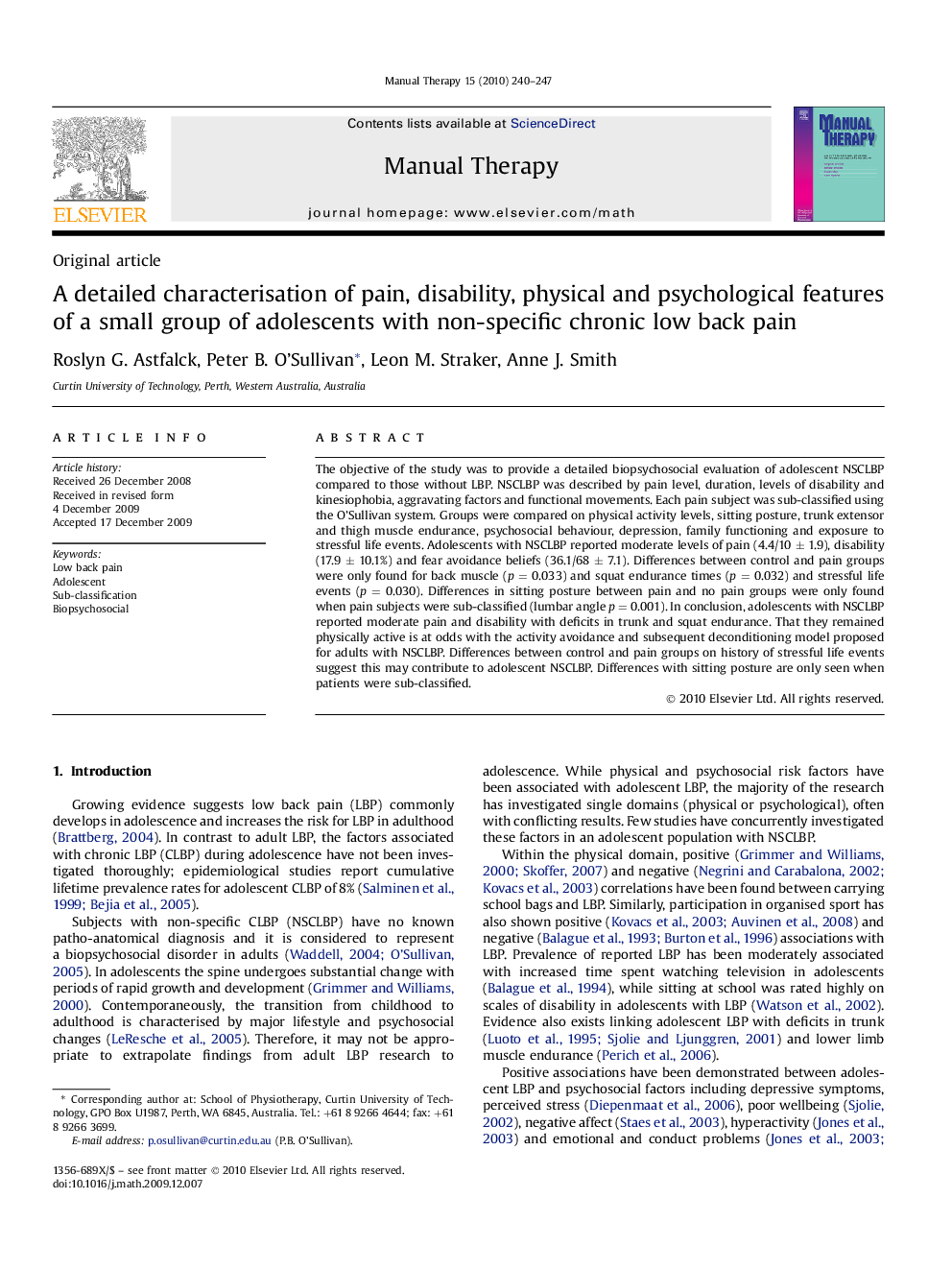 A detailed characterisation of pain, disability, physical and psychological features of a small group of adolescents with non-specific chronic low back pain