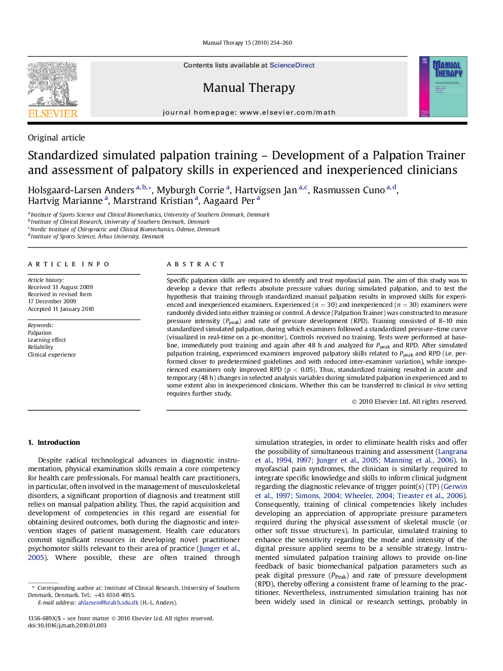 Standardized simulated palpation training - Development of a Palpation Trainer and assessment of palpatory skills in experienced and inexperienced clinicians