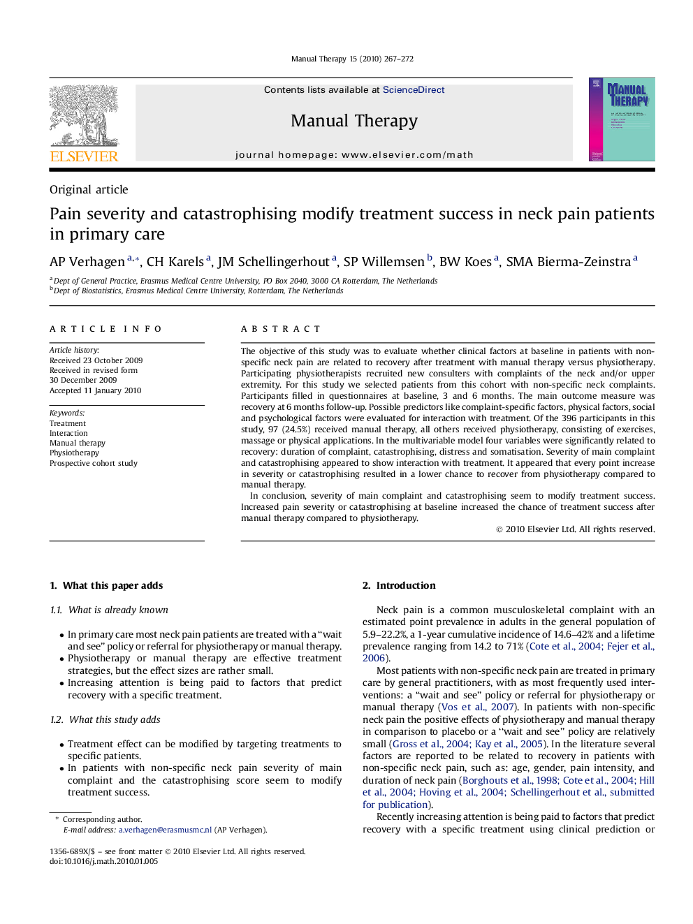 Original articlePain severity and catastrophising modify treatment success in neck pain patients in primary care