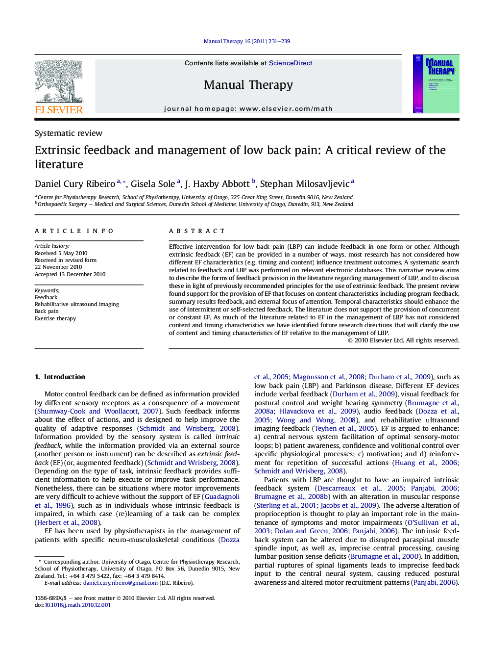 Extrinsic feedback and management of low back pain: A critical review of the literature